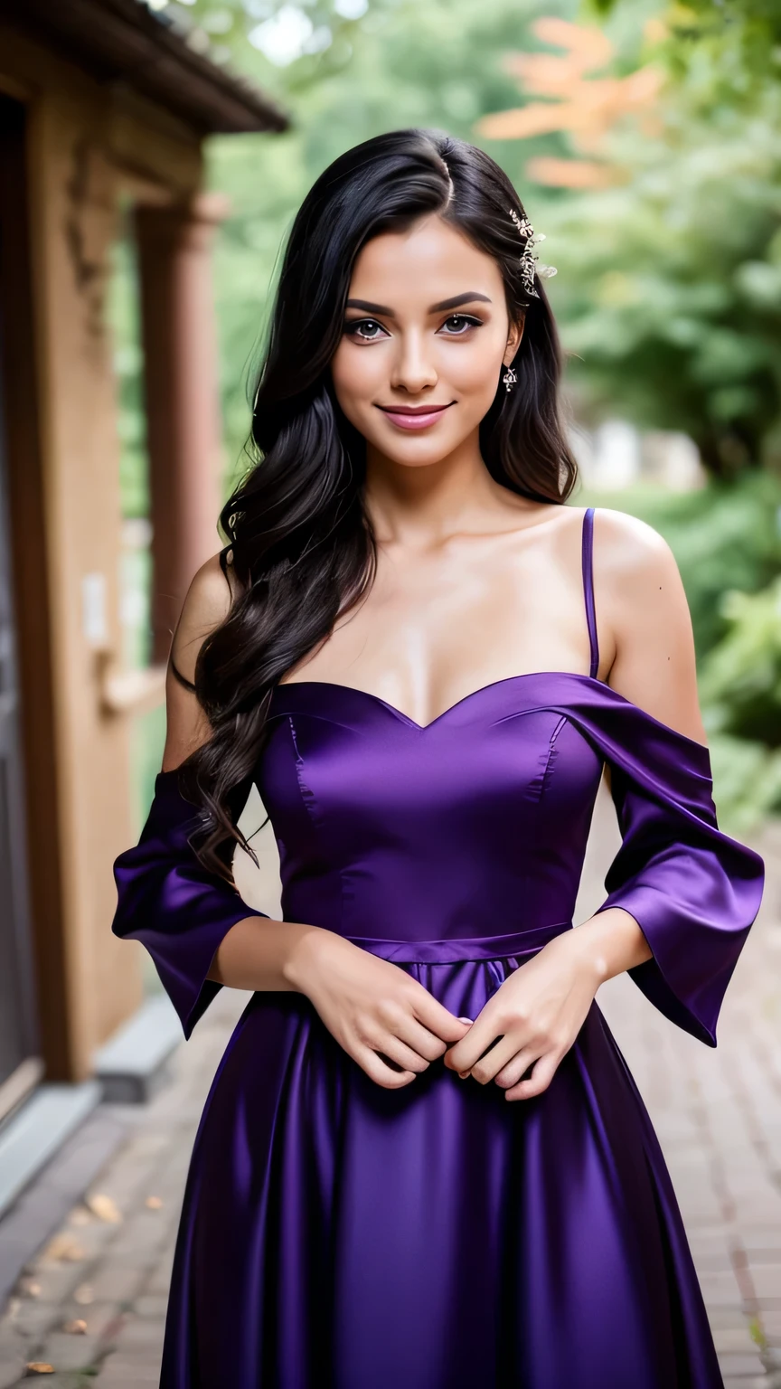 Realistic full body photo of a smiling, Young black-haired girl with long hair, She dances in front of the camera in a long A-line bridesmaid dress with off-shoulder straps made of shiny purple satin, Park,glamour fotoshooting, Wedding celebration, perfect anatomy, perfect blue eyes. Perfect hands with 5 fingers on each hand, Matching girl, looking at the camera, 1 Frau. (Eye make up:1.1), (highly detailed skin:1.1), spirit, analog style, keen focus, 8K UHD, dslr, good quality, Fujifilm XT3, Grain, Award-winning, masterpiece. Wedding celebration