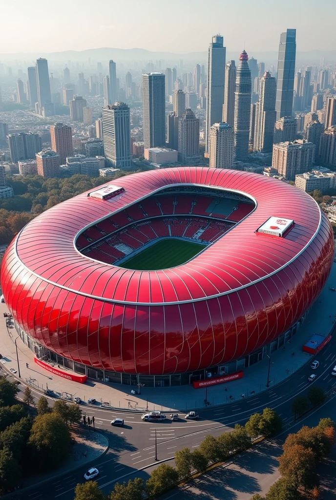 A football stadium shape like a can ,red and white colour,in a city