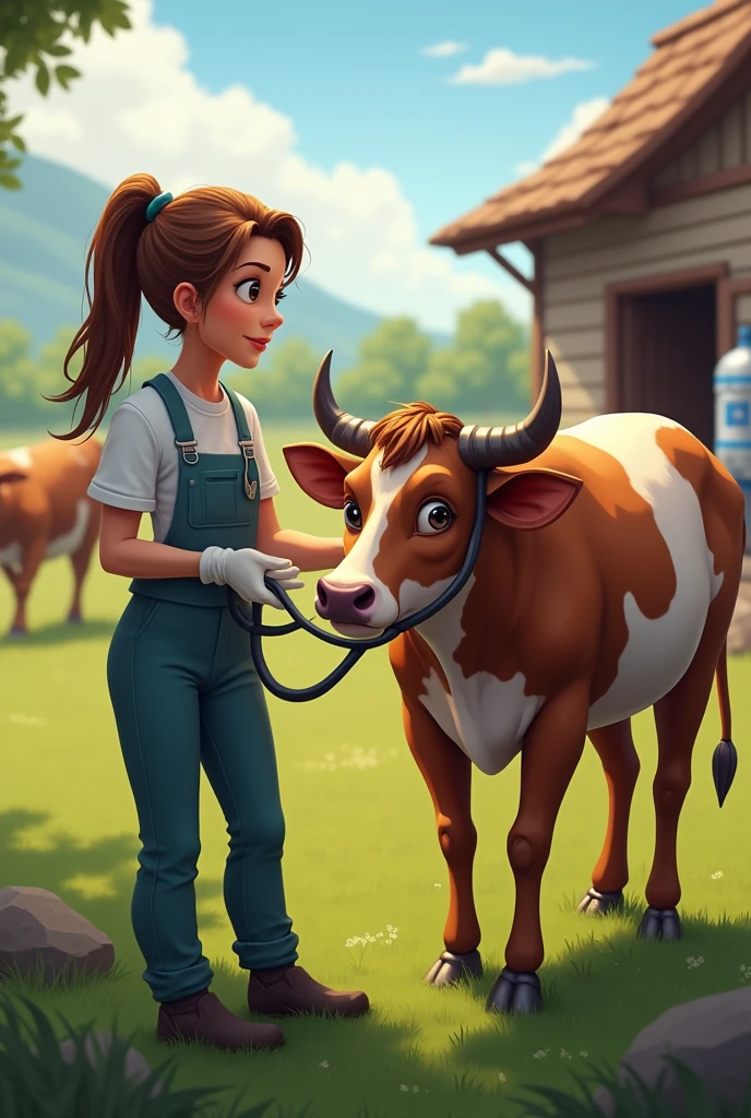 "A scene on a cattle farm, showing a veterinarian examining a bovine in a corral. the veterinarian, dressed in a work uniform and gloves, He holds a stethoscope and looks at the animal carefully.. In the background, Other cattle can be seen grazing in a green field, while a traditional barn and disinfection equipment are located on the right. The lighting is natural, reflecting a sunny day. The image should convey a sense of care and attention in the sanitary management of livestock.."