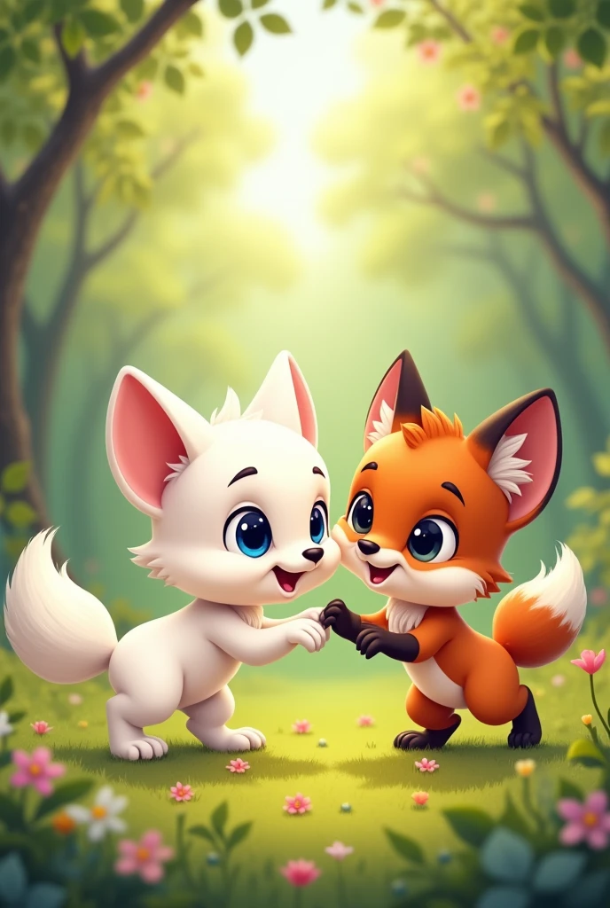 dessin couleur d'un bébé loup blanc et bébé renard qui jouent ensemble et rient aux éclats