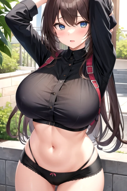 A girl, huge breasts, with black underwear.
