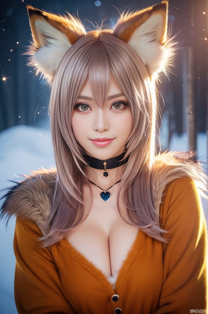 sexy swedish model, (-anime), only 1 model, very short hair, beautiful smile, lip-gloss, long lashes, defined eyebrows, long fur fox color scheme, ((long fur fox cosplay)), fox ears, fox tail, fox choker, look at the camera, cinematic light, (sparkling long fur background), sweet and sexy pose