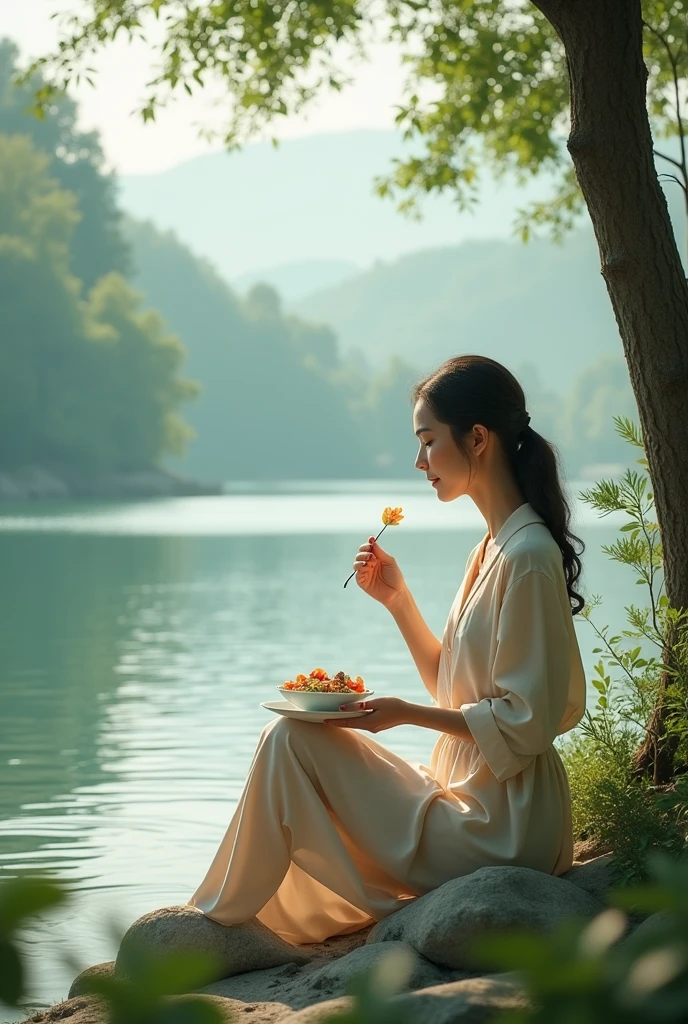 Show me a woman eating by the water