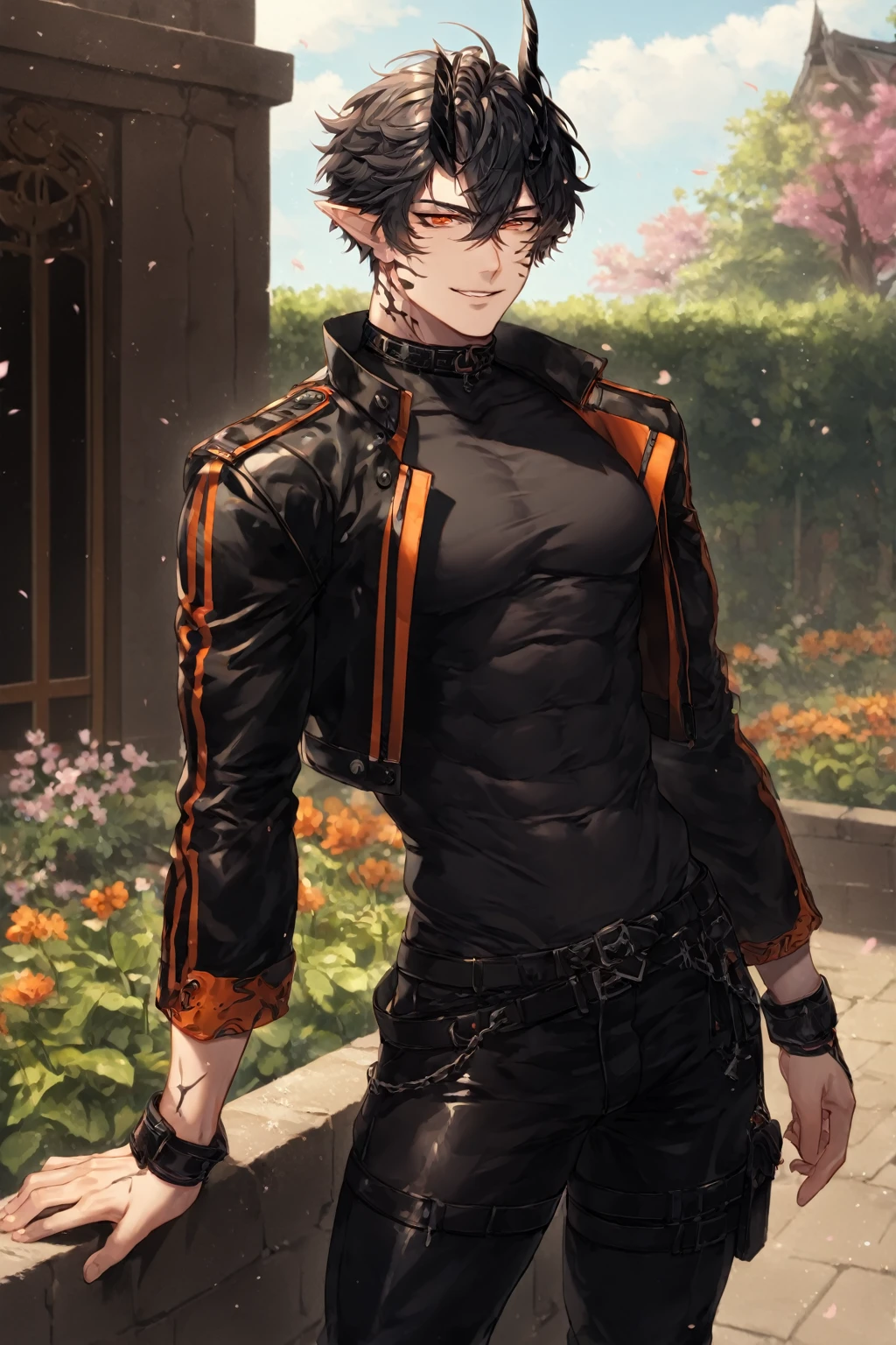 absurdres, highres, ultra detailed, HDR) master piece, best quality, extremely detailed, detailed face, detailed eyes, delicated features, Flamebringer, black hair, expressive orange eyes, Arknights, solo, sexy man, handsome, toned, manly man, sensual, adult face, black horns, slightly pointed ears, black marks on the face, smile, cropped leather jacket with orange patterns, black tight turtleneck shirt, collar, black leather pants, cherry blossoms, garden, pink flowers, fantasy, magical, moon, blue sky