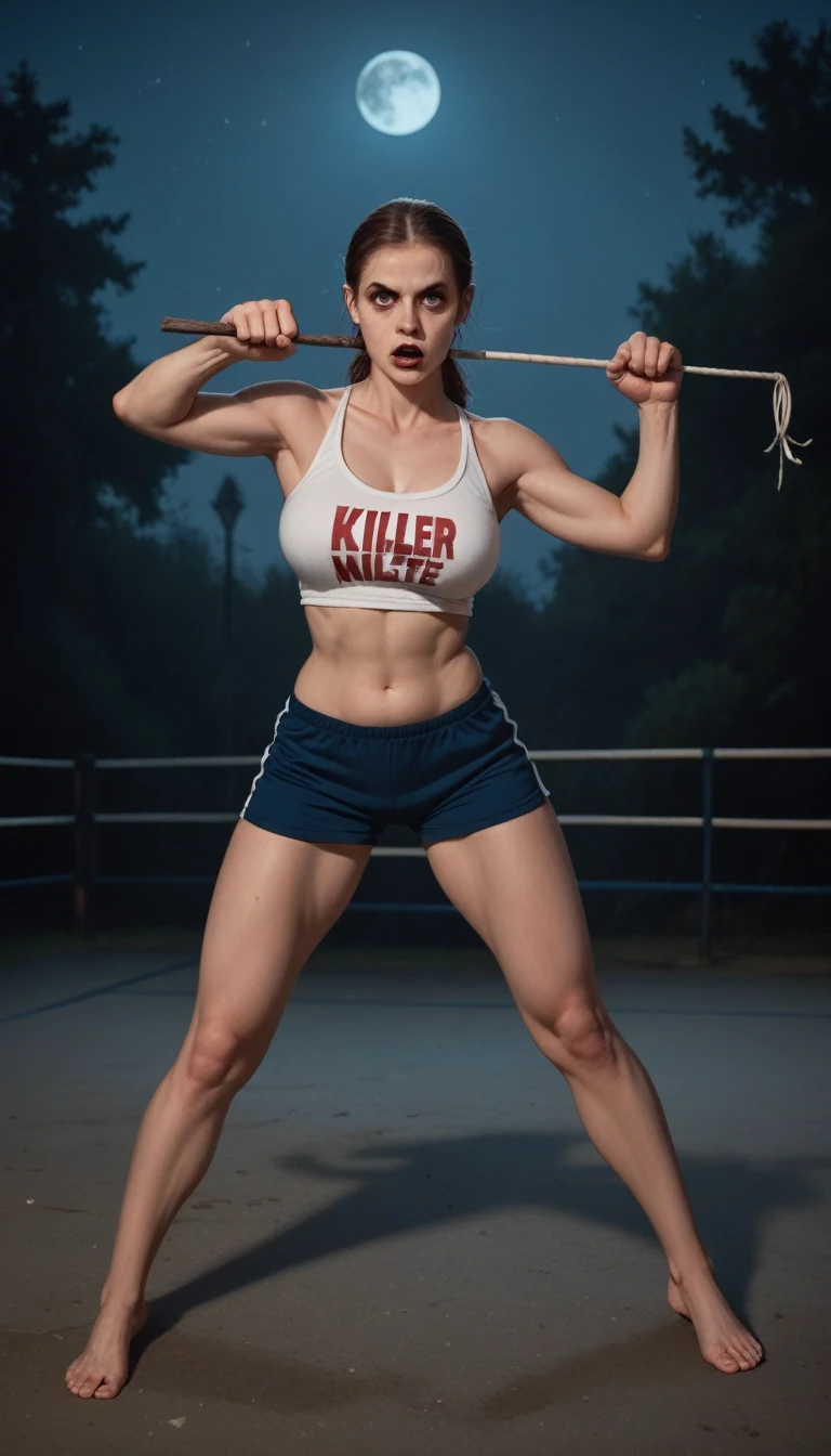 Buffy, in fighting pose, holding a stake, wears sexy clothes, cleavege, mid shot, voluptuous legs,  belly is exposed, top, in a cementery, at night, creepy scene, at night, barefoot, killer is near