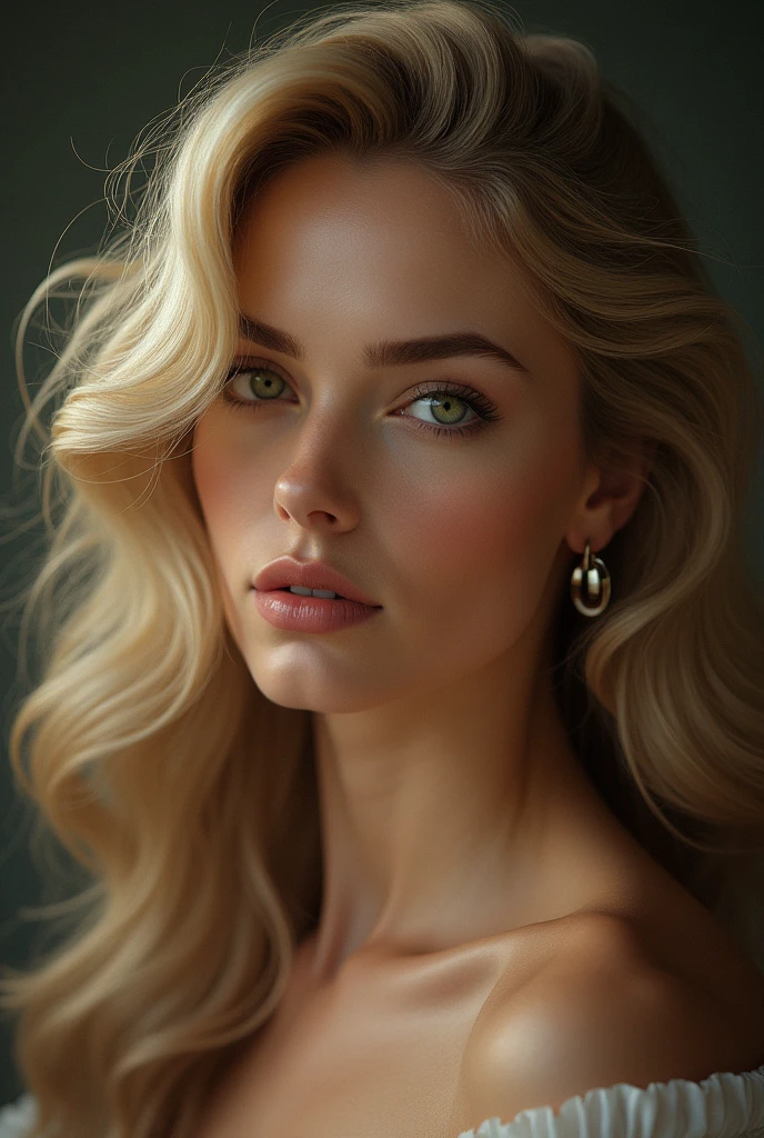 Elegant portrait of a woman with blond, subtly shaded, curly long hair and green eyes, featuring a seductive gaze. Her face is smooth, silky, and oval-shaped