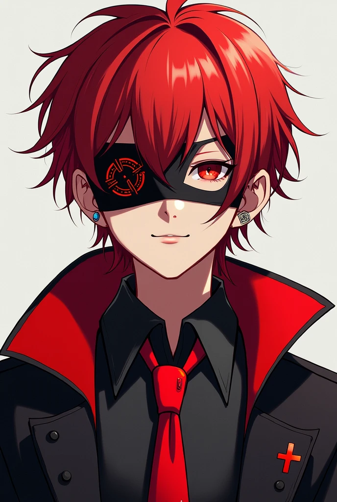 (a boy with red hair at the ends,a cross earring in one ear and three piercings in the other,a red tie and a black jacket with red inside,and a black mask with red details that covered the mouth)