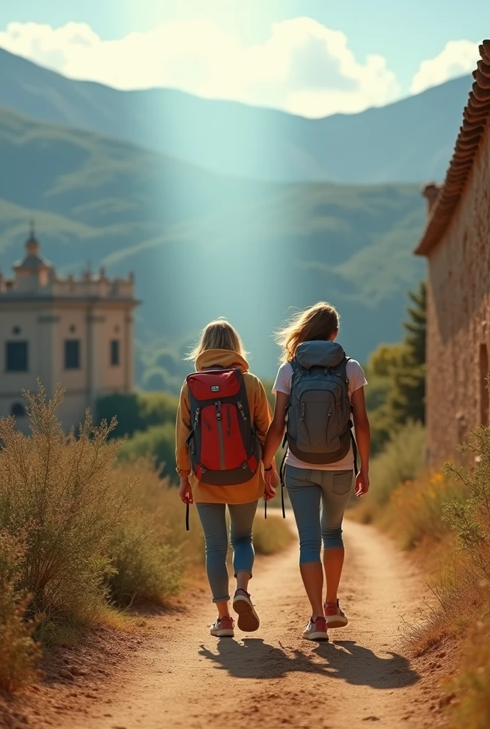 Photograph of two people travelling through Spain with a backpack , a beautiful ray of light