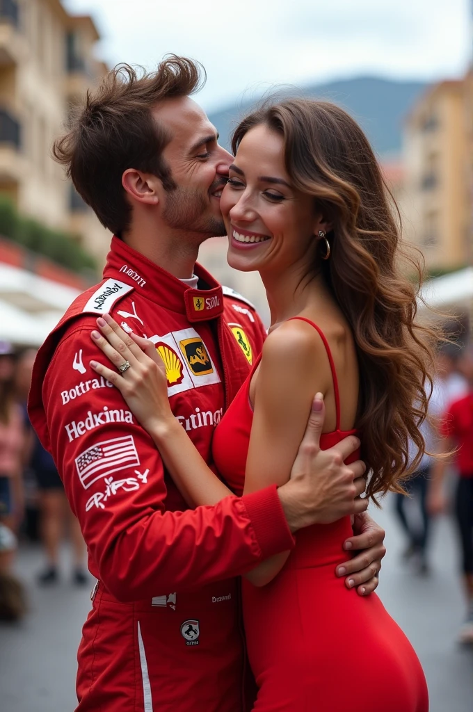 A picture of the driver Charles Leclerc after winning the Monaco race passionately kissing a girl with long wavy chocolate brown hair wearing a short red summer dress, The couple looks very much in love and he is carrying her while kissing her 