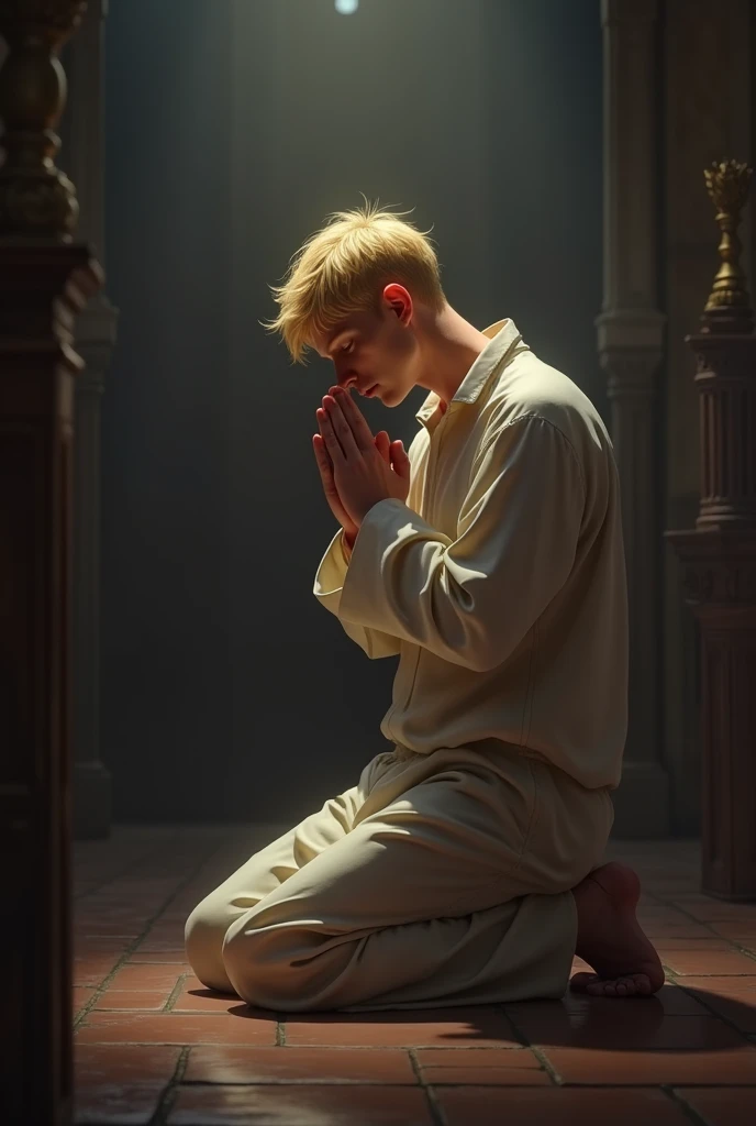 blond on his knees praying