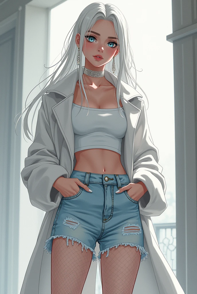 tall anime woman, long white hair, wears shiny earrings and light makeup, a white cotton cropped coat and ripped jeans with fishnet tights underneath, high-heels, white nails with shiny details, ha *vitiligo* His skin is mostly white but has some darker spots on his body.
