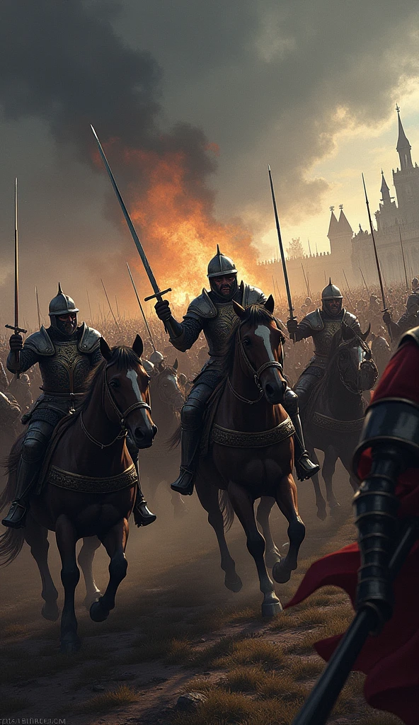 The image is a digital illustration of a battle scene. It shows a group of men on horseback, engaged in a fierce battle. The men are dressed in medieval armor and helmets, and some are holding swords and shields. The background is filled with a large crowd of people, all of whom appear to be soldiers. The sky is dark and cloudy, suggesting that the battle is taking place at night. The overall mood of the image is tense and intense. Dark and mysterious