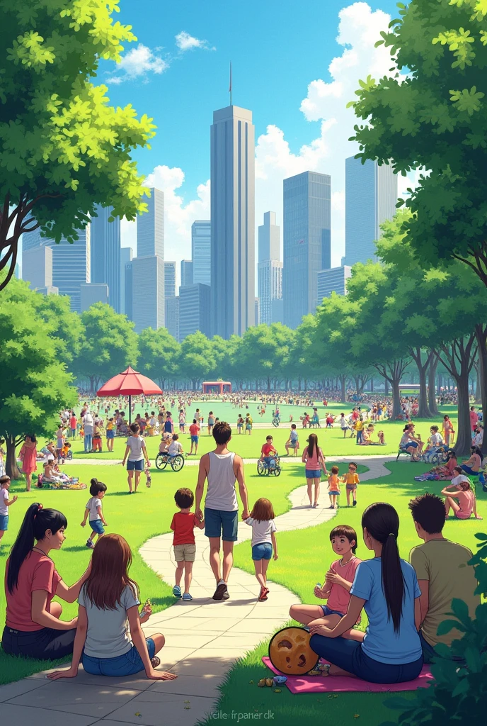 Many people and children in a city park