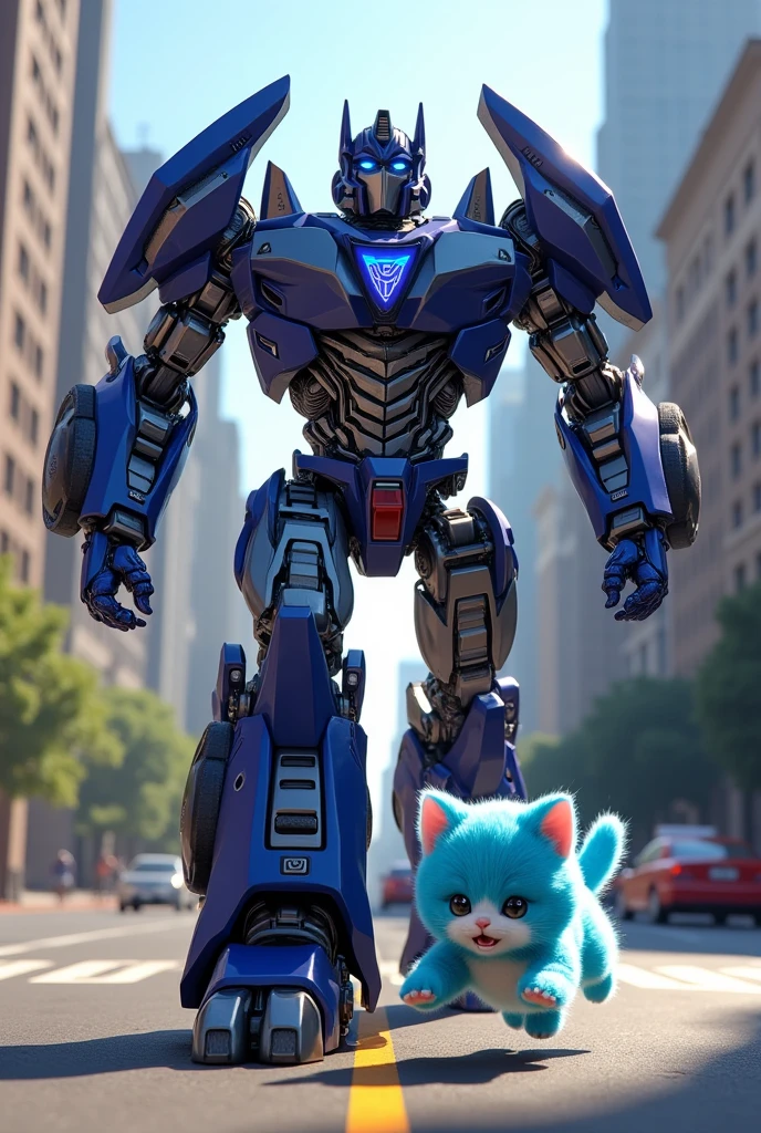 Megatron plays tag with the blue-furred Kitten through the city streets.