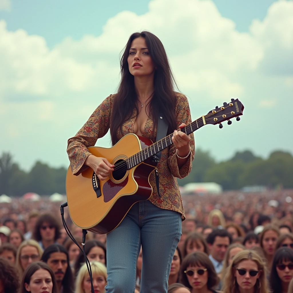 The time was the 1969 Woodstock Free Outdoor Festival venue.、A very beautiful and glamorous 30-year-old white female folk singer、She was performing alone on stage in front of a crowd of 100,000 hippies, playing a worn-out Gibson acoustic guitar and a harmonica holder around her neck, simultaneously in front of a microphone stand.、Paisley psychedelic hippie shirtをジーパンから出してだらしなく着ている、ボロボロのパッチワークのデニムのbell-bottomsとヒッピーサンダル、she has a dark brunette One-length Perfectly straight very long hair,Super Beauty、Love & Peace Festival、White clouds in blue sky、A moving and soulful performance、Hippie Accessories、Lots of music equipment on stage、Very glamorous figure、Very large, pendulous breasts、a perfect glamorous mature woman's proportions、The cleavage of large, sagging breasts、Live snap of wide shots with amazing angles by professional photographers、Paisley psychedelic hippie shirtの裾をジーンズから出しているだらしない服装、Super big breasts、Super Beauty、Full Body、Her whole body、Paisley psychedelic hippie shirt、Shouting with a big mouth、Beautiful sunset、bell-bottoms、Full body image、Playing acoustic guitar、