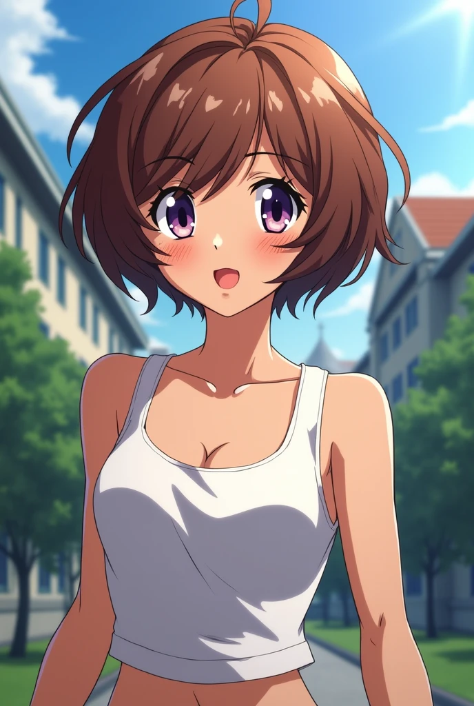 My Hero Academia character, female, brown, really short and curly hair, tan skin, micro-bangs, light purple eyes, white tank top and UA background 