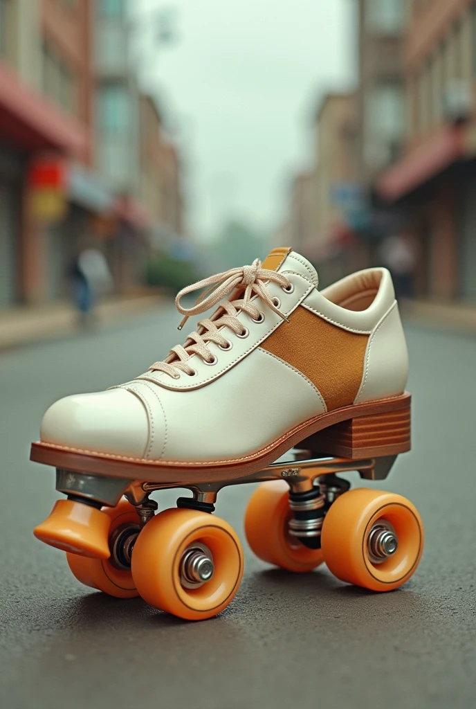 An 80s style shoe with pastel shades like pearl and brown, low reed. Leather and suede materials, with an urban background, that the image looks like an advertisement from the 80s in shades. On the side, wheels of the same tone as an accessory and turn them into skates.