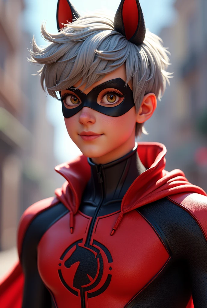 age handsome boy with grey and brown hair and hanzel eyes with horse superhero suit miraculous and with mask on his face with horse sign on his chest from miraculous ladybug and chat noir