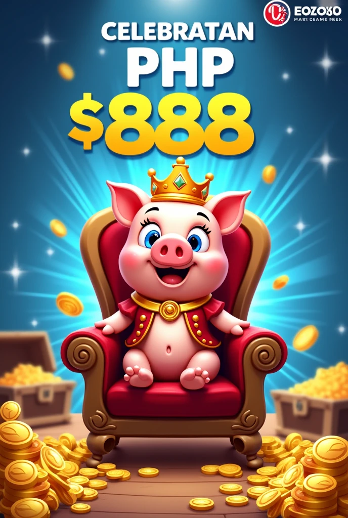 "Create a vibrant and dynamic promotional banner for an online gaming platform. The banner should feature a cheerful cartoon pig dressed as a king, sitting on a luxurious throne. Surround the pig with gold coins and a treasure chest overflowing with riches to symbolize wealth and rewards. Include bold text that reads 'ចុះឈ្មោះទទួលបានកងបង្វិលផ្សងសំណាង 3' and a large amount of 'PHP 888' in the center. The background should have a blue gradient with sparkles and light rays, creating an exciting and enticing atmosphere. Incorporate a logo or branding element in the top right corner, similar to a gaming platform logo."