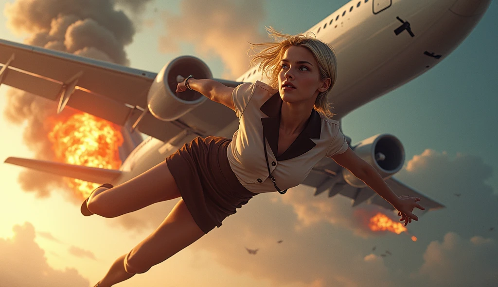 blonde woman with short hair in a flight attendant outfit falling out of a plane in mid-flight and large plane catching fire in the back without a part of the tail  