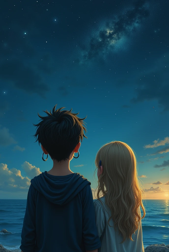 It creates the image of a gypsy boy whose face cannot be seen, with hoop earrings and his back turned., next to a blonde girl whose face is not visible, turned away from the sea on a starry night