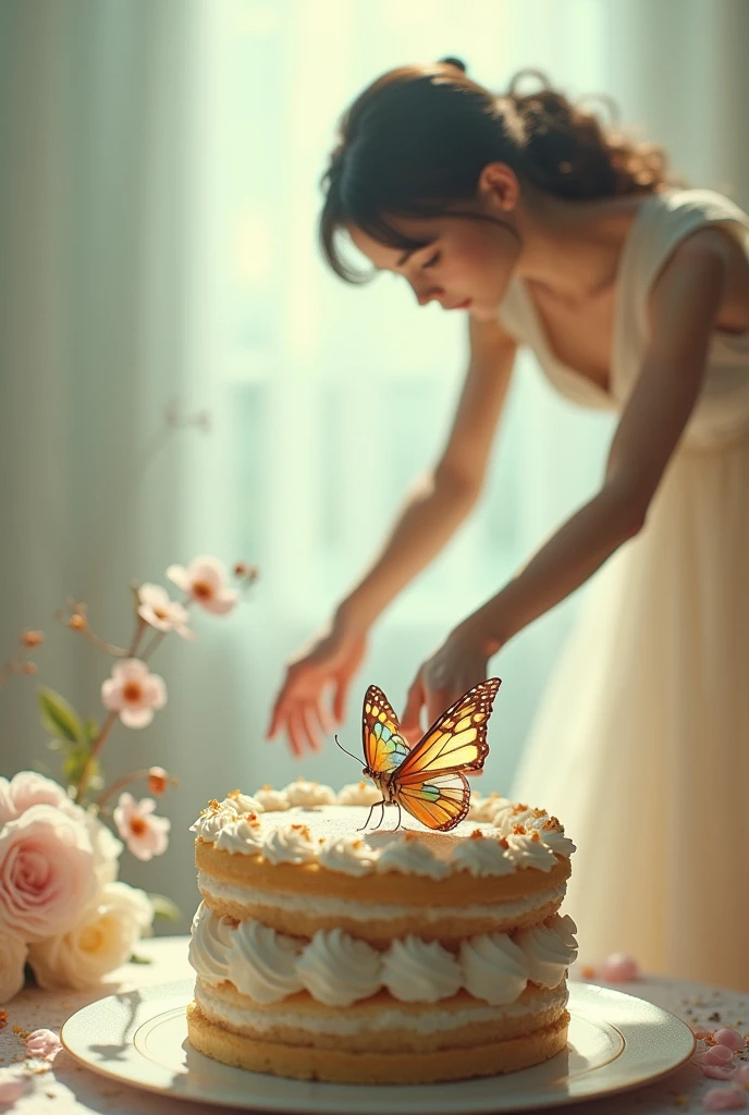 One butterfly sitting on a cake and one women 
catching that cake
