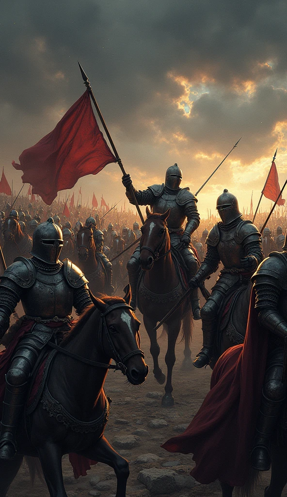 The image is a digital illustration of a battle scene. It shows a group of men on horseback, engaged in a fierce battle. The men are dressed in medieval armor and helmets, and some are holding swords and shields. The background is filled with a large crowd of people, all of whom appear to be soldiers. The sky is dark and cloudy, suggesting that the battle is taking place at night. The overall mood of the image is tense and intense. Dark and mysterious