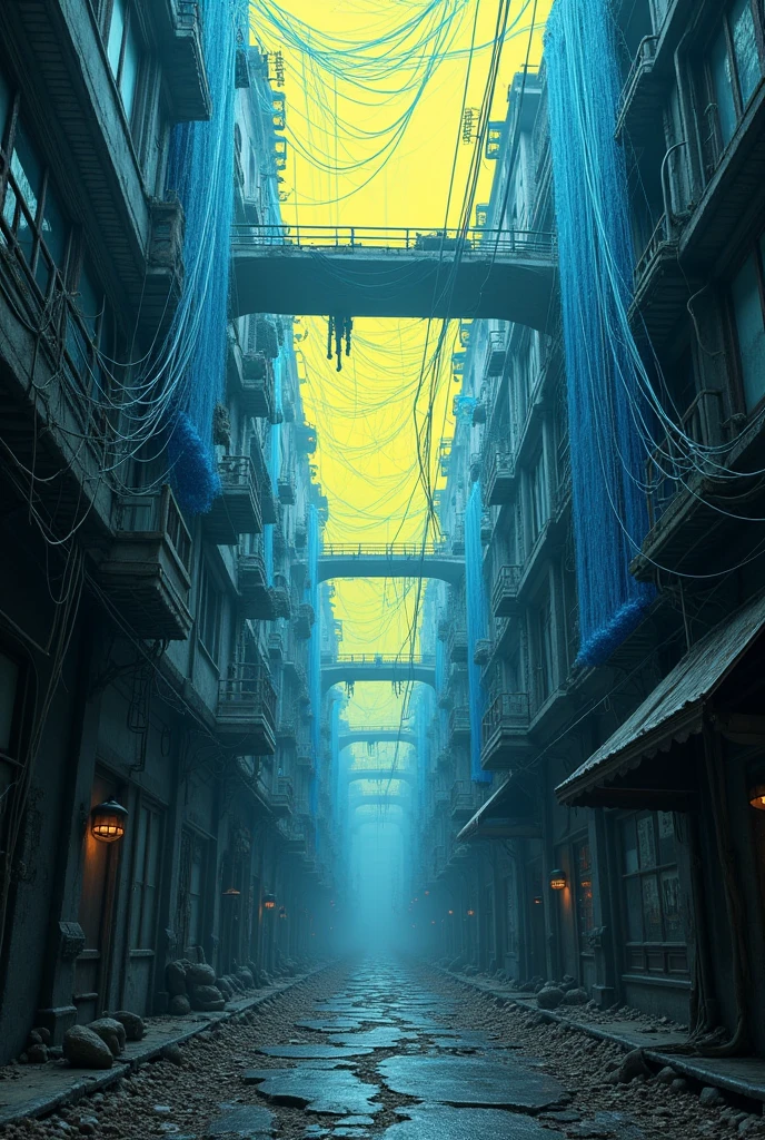 Generate eccentricity with this text is a city that has remained intact over time, so it hasn&#39;t changed much, That&#39;s why the cobwebs throughout the entire project, This conveys this feeling of antiquity. On the other hand, the blue threads show the process that people have to find the essence of this city.. Finally there is the center part, This is a vibrant yellow color that gives us an idea of how unusual and eccentric this city, commonly known as the “default model”, is..