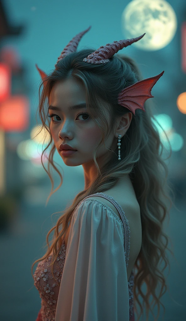 show full-body, beautiful girl with striking features half dragon half human, dynamic pose, The background blurry depicts an urban setting with stars and night and uncompleted moon and dominated by muted colors ,while the rest of photo dominated by pastel colors, The lighting is soft and even, creating a nostalgic and charming mood, , vintage feel, 8k, photorealistic, ultra detailed