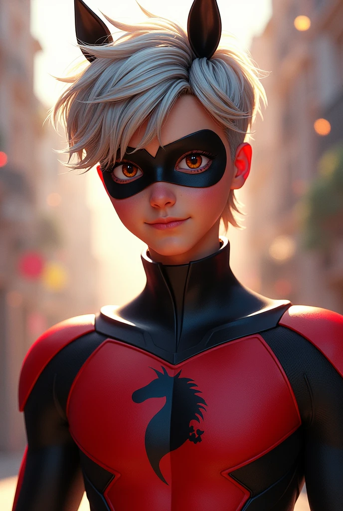 Teenage handsome boy with grey and brown hair and hanzel eyes with horse superhero suit miraculous and with mask on his face with horse sign on his chest from miraculous ladybug and chat ????