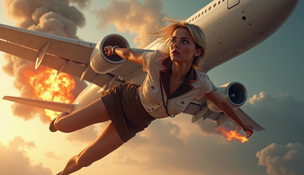 blonde woman with short hair in a flight attendant outfit falling out of a plane in mid-flight and large plane catching fire in the back without a part of the tail  