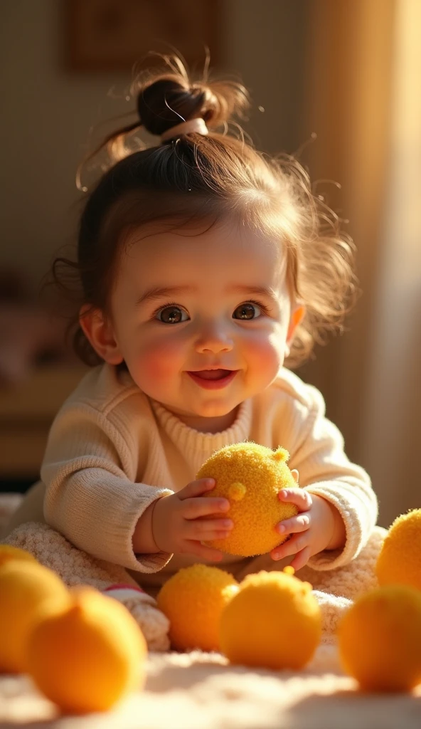 Create a UHD photorealistic image of a -mold giramed Ambreline, smiling gently. She is playing with amber-colored toys in a softly lit room. Captured with a 50mm f/1.4 lens to enhance the warm, golden tones and soft light effects. Ensure exactly five fingers, no 3D style image, no animation style, no Pixar style animation.
