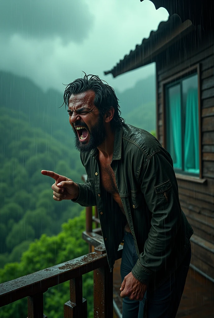 create cinematic, photo realistic film poster of a drenched man staring from the balcony of his first floor bungalow, shouting downwards, heavy rain, monsoon, outskirts of Darjeeling, anger in fave, finger pointing