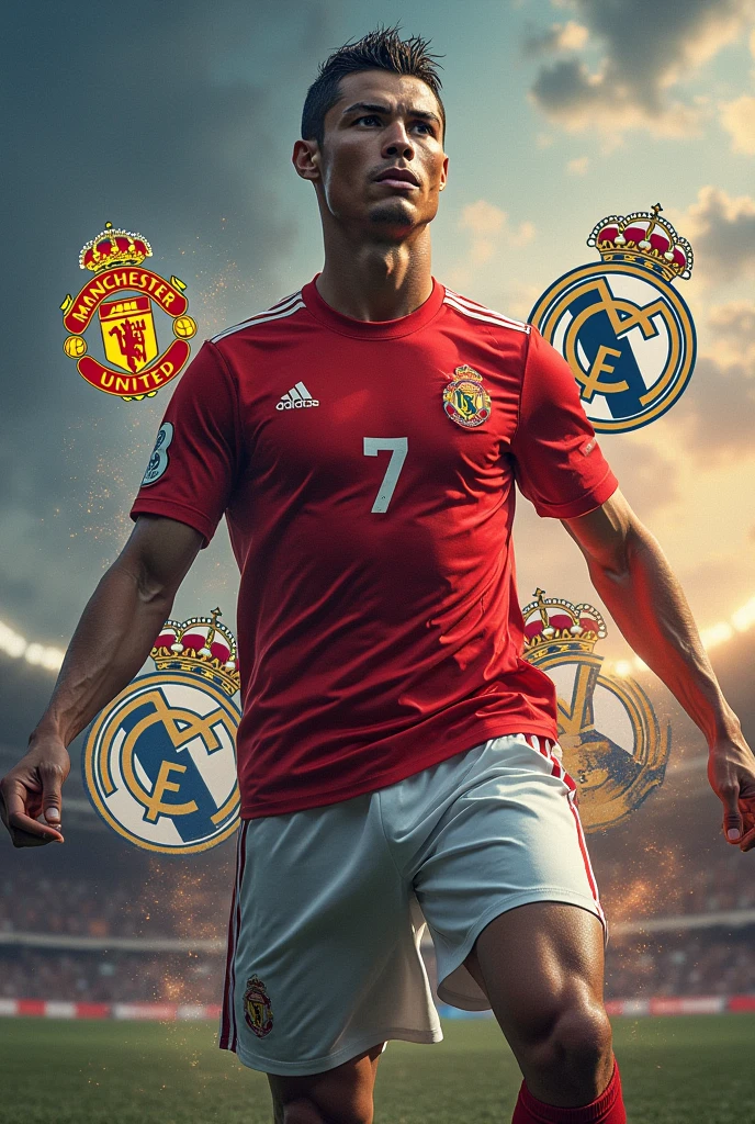Cristiano Ronaldo, with a background in the sky of the teams he played for and the title 900 goals, Leave him the number 7