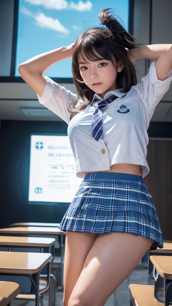 Product quality,1 girl,((Shooting from below:1.4)),((Thigh Emphasis:1.4)),Young and cute Japan,Daytime, ((High school classroom:1.2)),Schoolgirl uniform,blazer, ((Ultra-short checkered blue micro mini skirt:1.5)),Very cute face,Glossy Lips,Beautiful big eyes,Brown eyes,Double eyelids on both eyes,(Natural Makeup),shiny smooth light brown long hair,,,,Asymmetrical bangs,Floating Hair NovaFrog Style,Center image,8k resolution,Attention to detail,Detailed hairstyle,Detailed face,Cinema Lighting,Octane Rendering,Ultra-realistic,Perfect limbs,Beautiful feet,Voluptuous thighs,Huge breasts,Perfect Anatomy,Spread your legs,((Provocative dynamic pose:1.5))