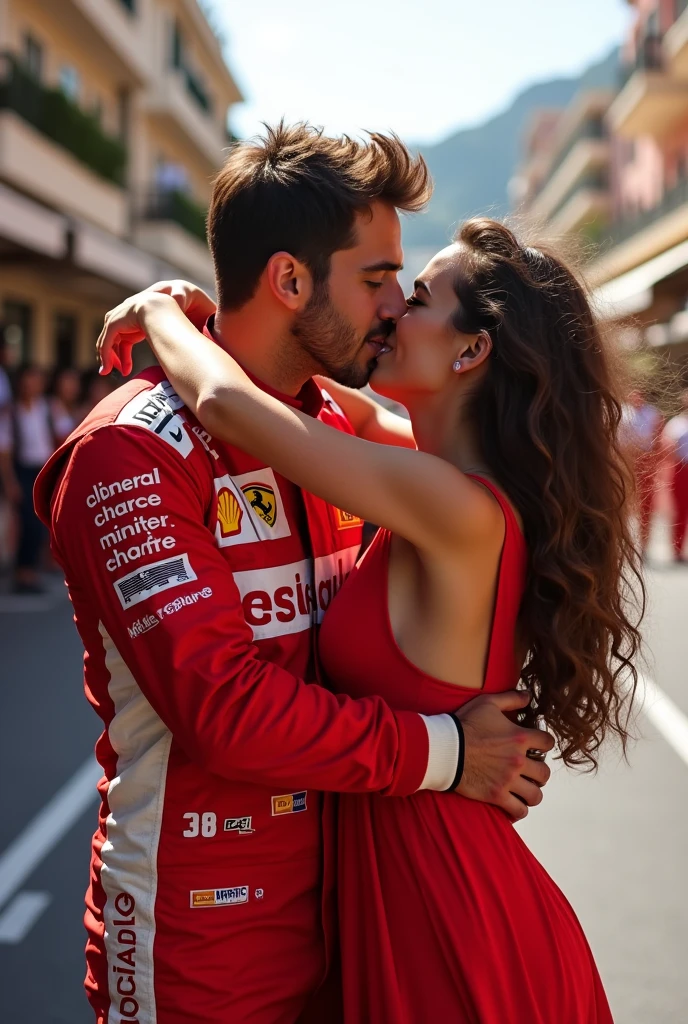 Image of the driver Charles Leclerc winning the Monaco prize and passionately kissing a girl with wavy brown hair in a short red summer dress on the mouth