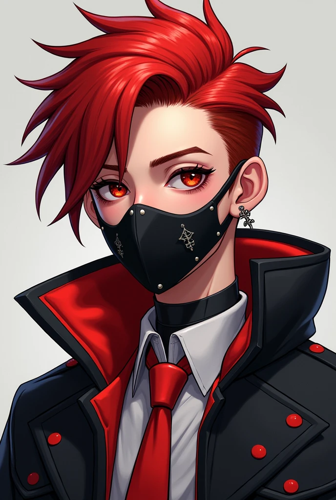 (a boy with red hair at the ends,a cross earring in one ear and three piercings in the other,a red tie and a black jacket with red inside,and a black mask with red details that covered the mouth)