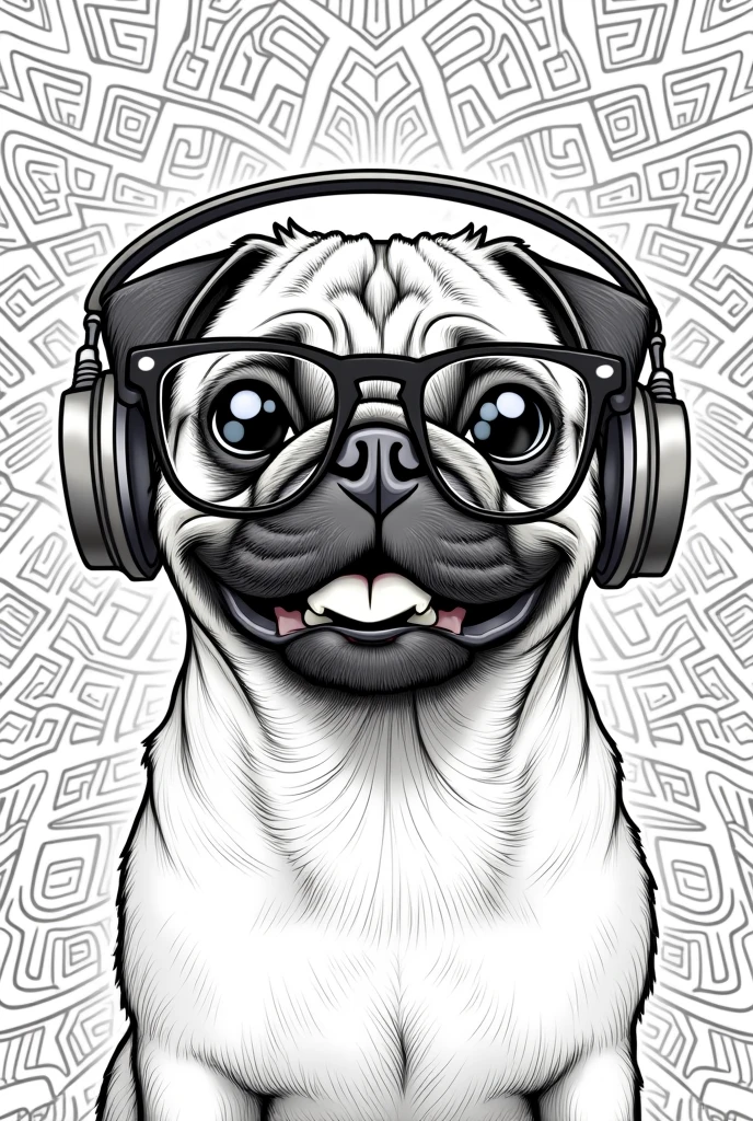a happy realistic pug with headset with glasses black and white , Mandela background ,Sketch Style, line art coloring book, clean line art with lots of detail