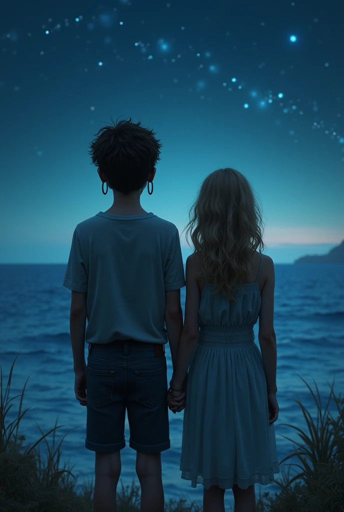 It creates the image of a gypsy boy whose face cannot be seen, with hoop earrings and his back turned., next to a blonde girl whose face is not visible, turned away from the sea on a starry night