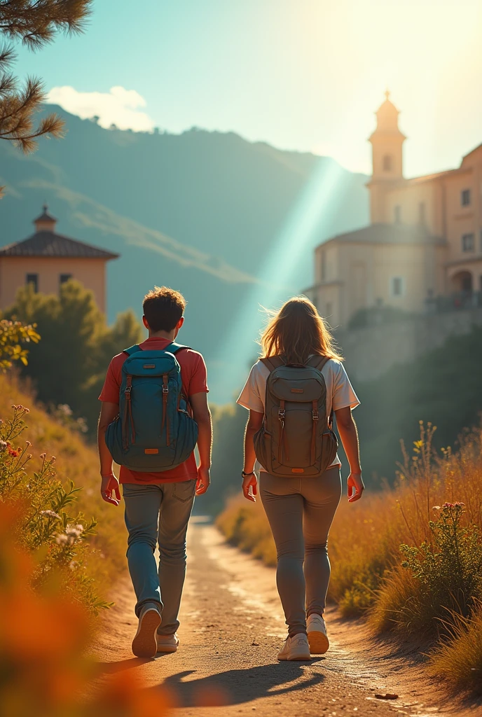 Photograph of two people travelling through Spain with a backpack , a beautiful ray of light
