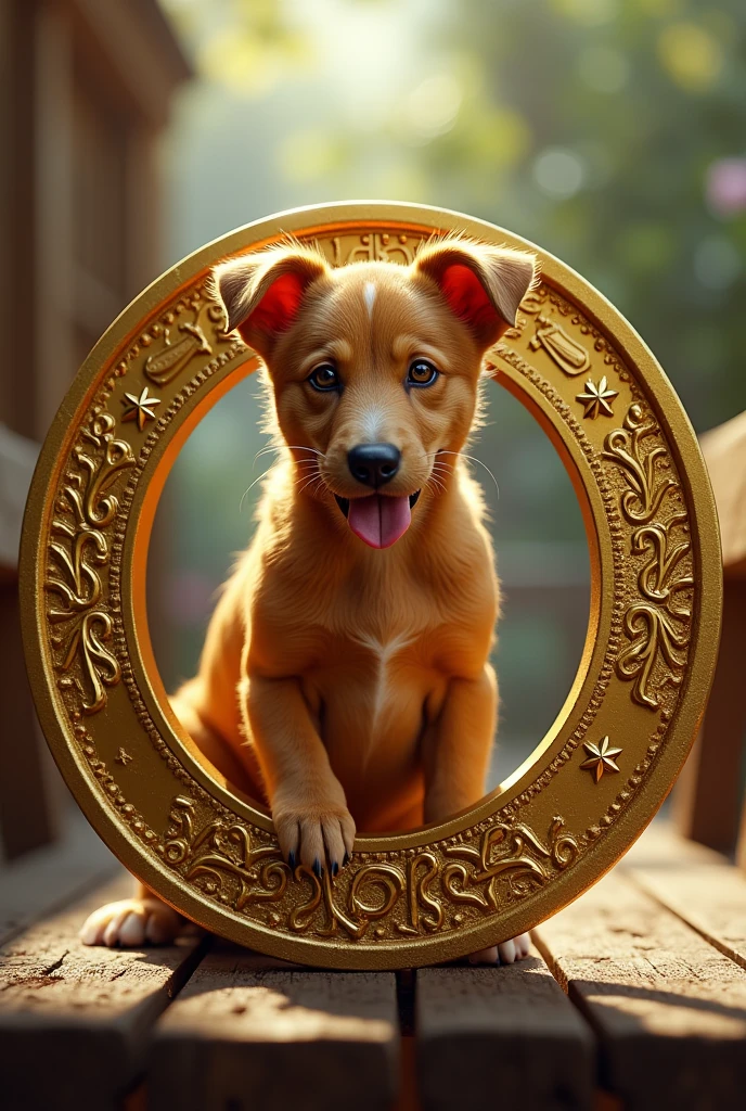 a caramel colored dog, gold tone in the center of the coin, like the logo, moeda completa On a bench, no names, com desenhos que lembre o brazil ou a moeda Real, currency name $RECHARGE, dog in the center of a coin, In gold, using a tie and suit as traditional currencies, president of brazil,crypto currency is about meme coin, bitcoin similar to bitcoin currency, brazil, surreal, brad, photo realist, I can&#39;t believe it&#39;s real, 🪙💸🇧🇷, brazil, jeneral, design in the center of a round gold coin with shiny details, On a bench, treasure chest, maney, Grana, surreal coin, exclusivo