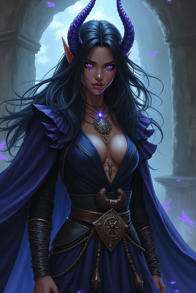 A Tiefling witch and DND ranger, blackquality hair, fair brown-skinned, eyes with a bright purple background that has a pact with the Dragon Queen Tiamat