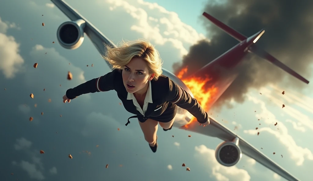 blonde woman with short hair in a flight attendant outfit falling unconscious from a plane in mid-flight and a large plane catching fire in the back without a part of the tail