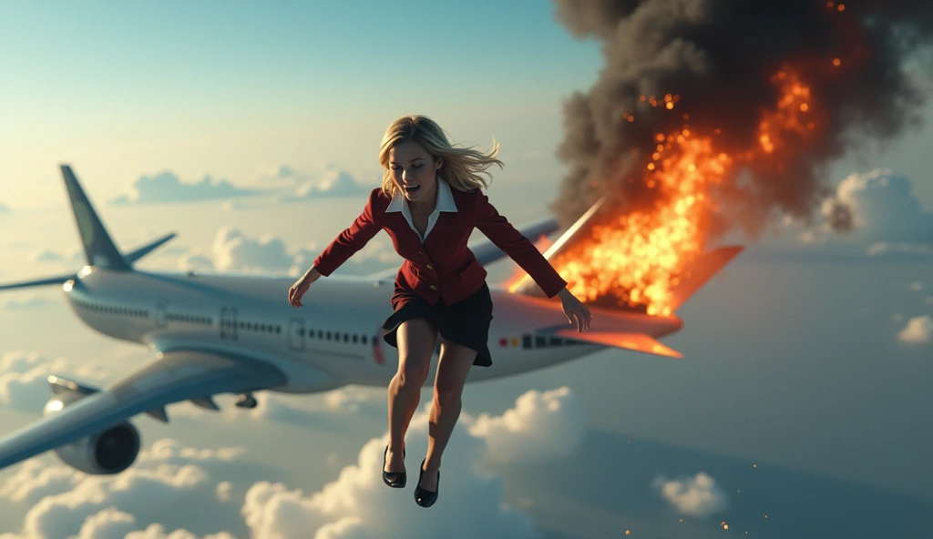 blonde woman with short hair in a flight attendant outfit falling unconscious from a plane in mid-flight and a large plane catching fire in the back without a part of the tail