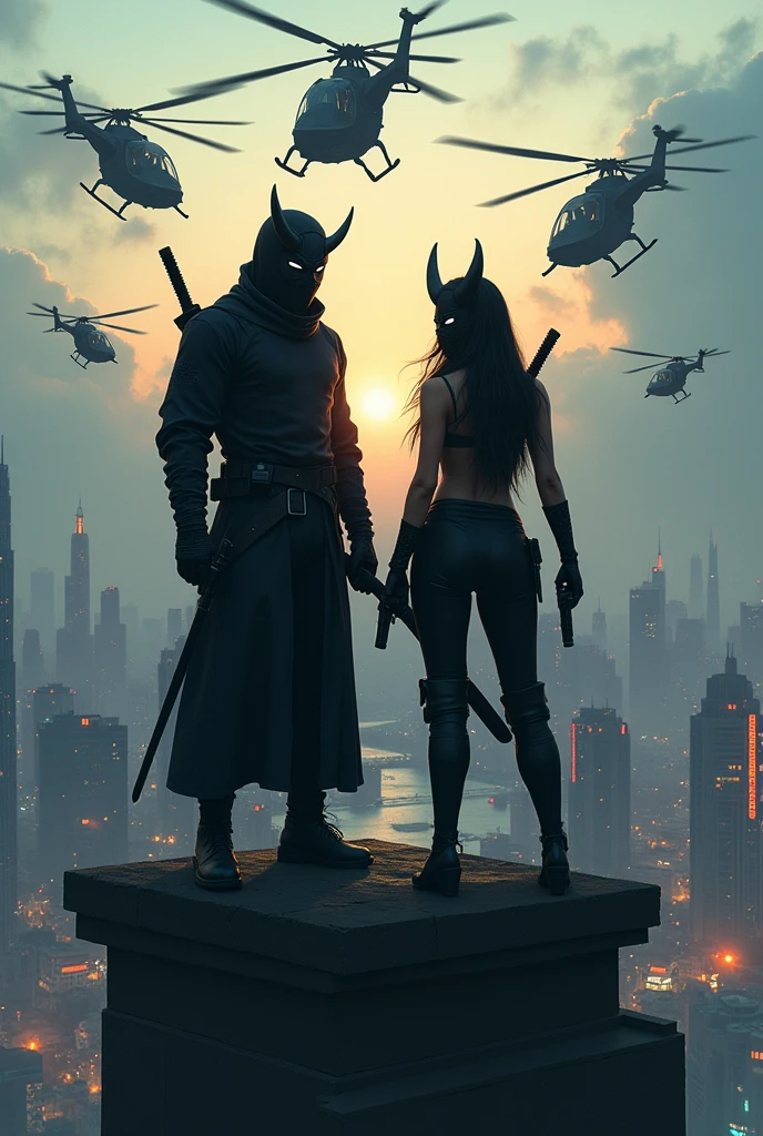 a ninja couple on top of a building with helicopters flying overhead, armed with katanas and pistols and masked with ONI masks