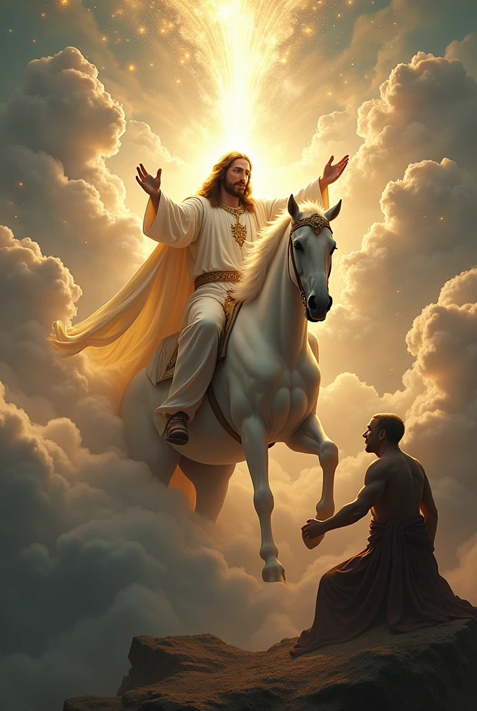Jesus sitting on clouds riding a horse destroying the antichrist with the breath of his mouth