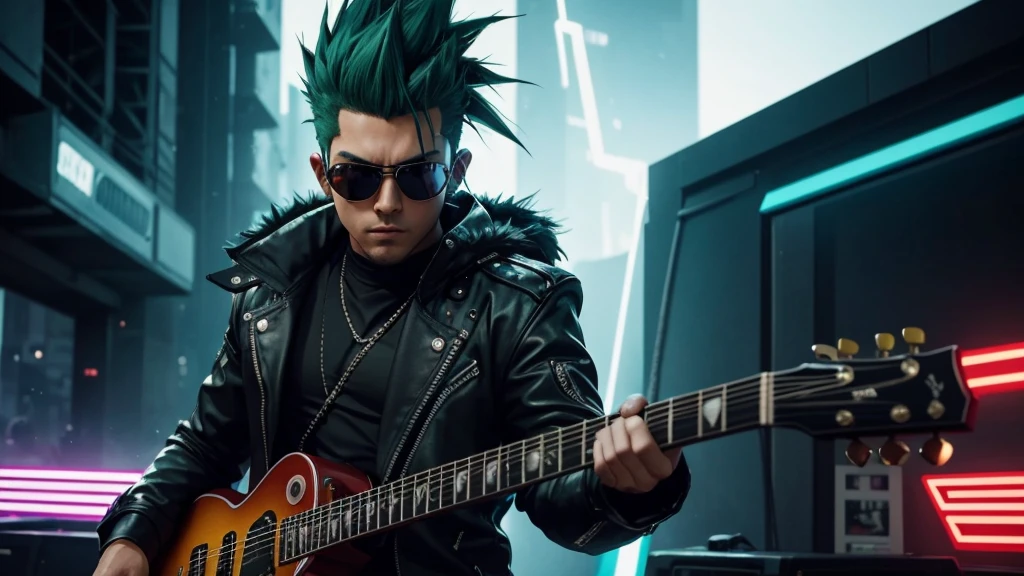 best qualityer) (Extra High Definition) green mohawk hair with mask, estilo dark, Blue details of black outfit, looking at you, Guitar in hand, stage band, Draw a high definition anime style scene (Full HD) which depicts a character with a mohawk, green mohawk style, playing a red electric guitar in a style similar to the game "guitar hero". The character, wearing sunglasses, must be in a dynamic and exciting pose, with your eyes focused on the screen in front of you. The surrounding landscape should be vibrant and full of energy, with flashy visual effects to represent the intensity of the music. The character deve estar imerso na música, displaying expressions of concentration and emotion while mastering the notes. Os espectadores, se houver, can be shown briefly on the sides, reacting to performance with enthusiasm. The general atmosphere should convey the excitement and fun of the moment., with a background that refers to the cyberpunk style, with highlighted futuristic and neon elements.  background Imagine a photograph of a teenager&#39;s bedroom that embodies the essence of gothic and rock aesthetics. The image is taken in an atmospheric and dimly lit style., with deep shadows and warm golden lighting. the room is a mixture of chaos and order, with battery, guitars and amplifiers scattered throughout the space. to bed, a black monstrosity with a metal frame, 