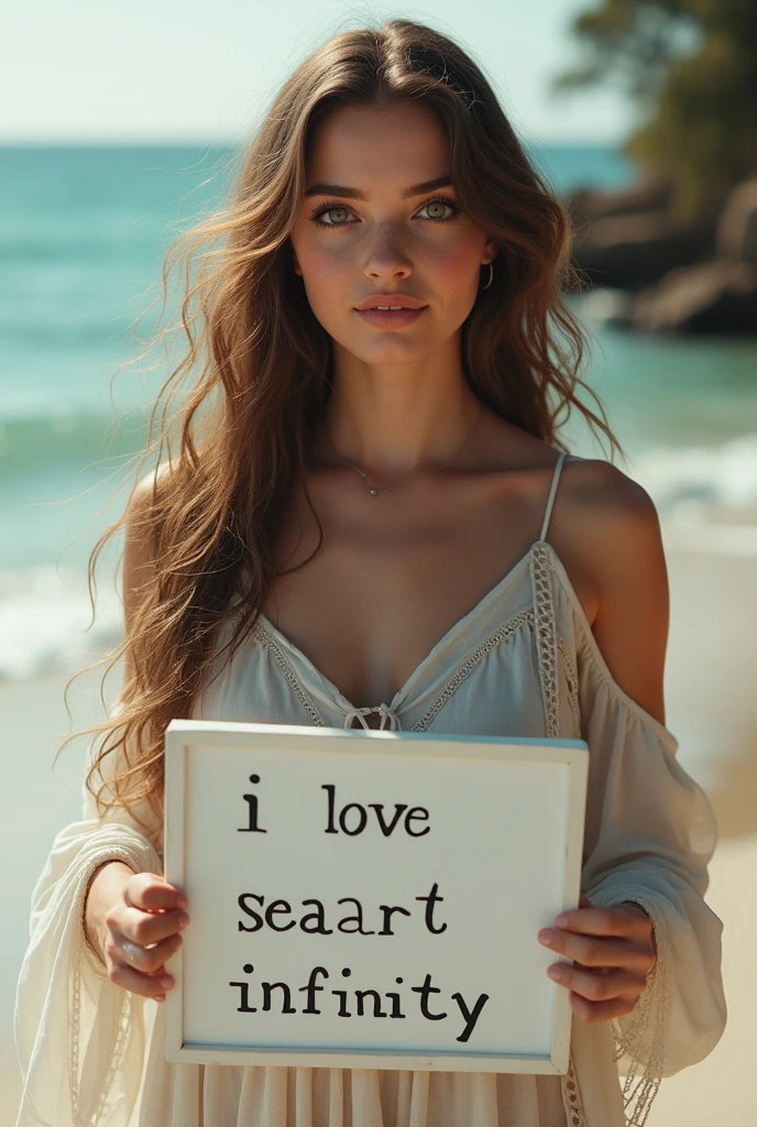 Beautiful girl with wavy long hair, bohemian dress, holding a white board with text "I Love Seaart Infinity" and showing it to the viewer
