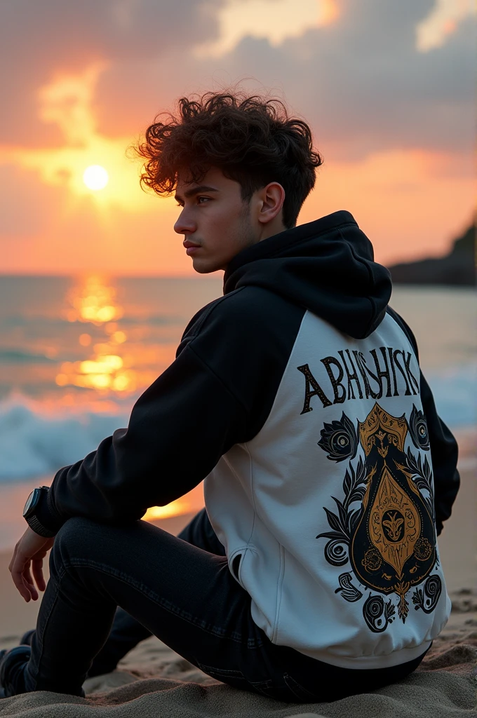 handsome boy, sitting on the sea beach, wearing black white hoodie , black jeans, Curley hair, wearing watch, evening sunset, sea beach in background, evening sunset, written 'Abhishek' in backside of hoodie,Alphonse Mucha