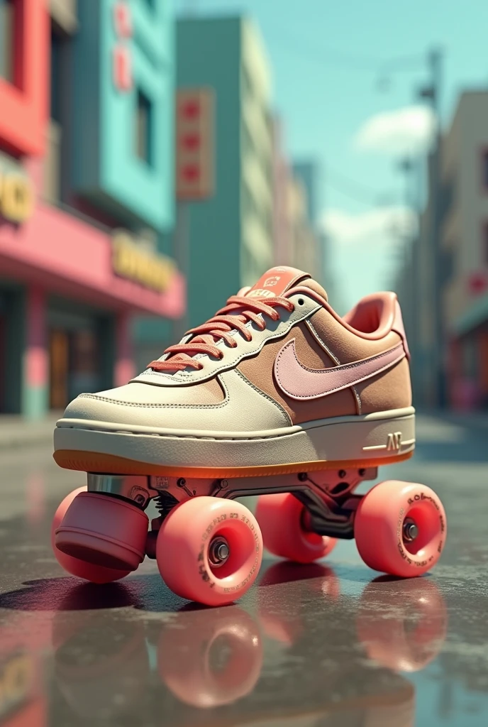 An urban sports shoe in 80s style with pastel shades such as pearl and brown, low reed. Leather and suede materials, with an urban background, that the image looks like an advertisement from the 80s in shades. On the side, wheels of the same tone as an accessory and turn them into skates.